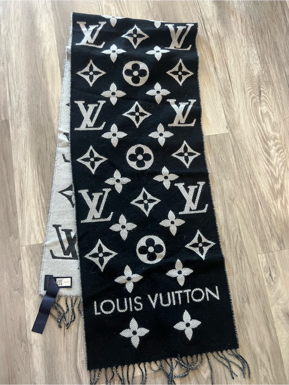 Louis Vuitton Black & Cream Monogram Fringe Shawl